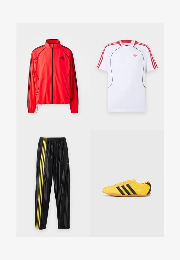 Červená atletická bunda s vysokým golierom, plným zipsom, čiernymi detailmi a bočnými vreckami. Má elastické manžety a ľahký dizajn.; Biele športové tričko s krátkym rukávom, s červenými pruhmi na ramenách a rukávoch, čiernym lemovaním vpredu a červeným logom Adidas trefoil na hrudi.; Čierne športové nohavice vyrobené z lesklého materiálu s elastickým pásom, s dvoma žltými pruhmi po stranách a malým logom.; Žltá športová obuv s textúrovaným zvrškom, s čiernymi pruhmi a logom. Zaoblená špička, mäkká podrážka a vzor v tvare cik-cak na materiáli.