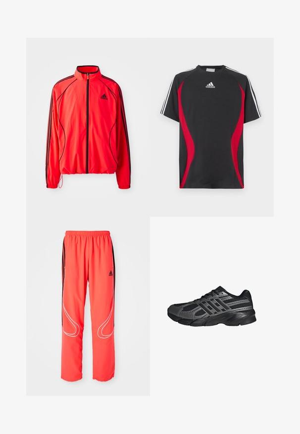 Rote Sportjacke mit hohem Kragen, durchgehendem Reißverschluss, schwarzen Akzenten und Seitentaschen. Verfügt über elastische Bündchen und ein leichtes Design.; Schwarzes kurzärmeliges T-Shirt mit roten Seiteneinsätzen, weißem Adidas-Logo auf der Brust und weißen Schulterstreifen. Hergestellt aus einem glatten Stoff.; Rote Sporthosen mit lockerer Passform, elastischem Bund, schwarzen seitlichen Streifen und weißen Paspelierungen entlang der Beine. Adidas-Logo auf der Hüfte.; Schwarze Sportschuhe aus Netz- und synthetischem Material, mit einer strukturierten Oberfläche, mehreren grauen Streifen und einem gepolsterten Schaft.