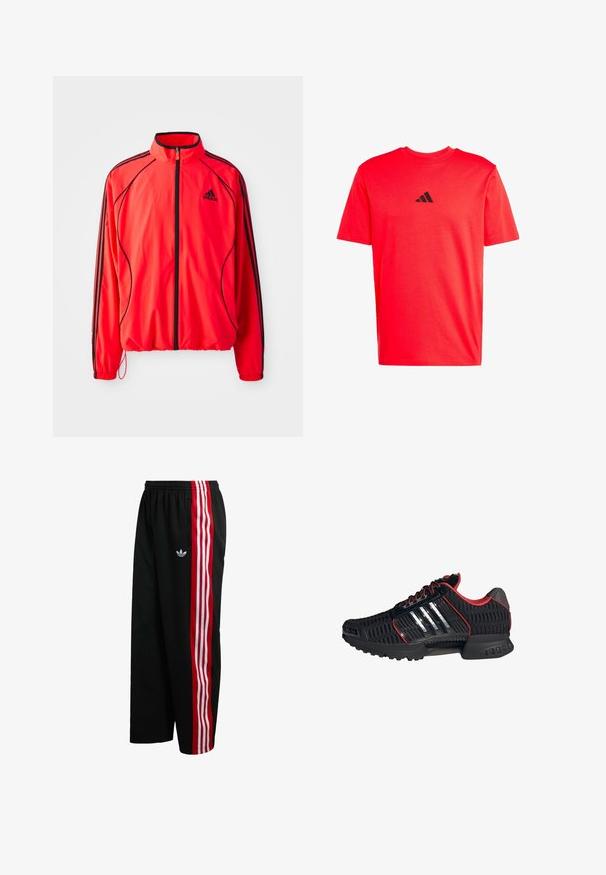 Rote Sportjacke mit hohem Kragen, durchgehendem Reißverschluss, schwarzen Akzenten und Seitentaschen. Verfügt über elastische Bündchen und ein leichtes Design.; Rotes Kurzarm-T-Shirt aus Baumwolle mit einem schwarzen Adidas-Logo auf der Brust. Glatte Textur mit Rundhalsausschnitt.; Schwarze Mesh-Hose mit weitem Schnitt, roten und weißen Streifen an den Seiten und kleinem weißem Logo auf der linken Seite. Elastischer Bund.; Schwarzer Sportschuh mit roter Einfassung, atmungsaktivem Mesh-Obermaterial, drei reflektierenden silbernen Streifen an der Seite und profilierter Sohle für guten Halt.