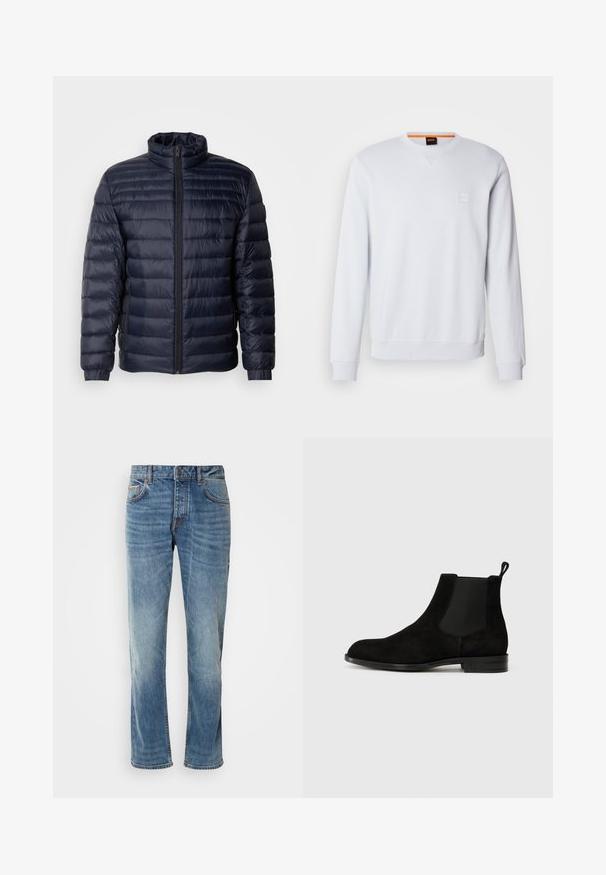 Marineblaue Steppjacke mit hohem Kragen, gestepptem Design, Frontreißverschluss und gerippten Bündchen. Glatte Textur mit leichtem Aussehen.; Weißes Sweatshirt mit langen Ärmeln, rundem Halsausschnitt und dezentem Logo-Patch. Glatte Textur sowie gerippte Bündchen und Saum für einen figurnahen Look.; Helle blaue Jeans aus Denim mit geraden Beinen, fünf Taschen, kontrastierenden Nähten und einem abgewetzten Finish. Verfügt über einen Knopf- und Reißverschluss.; Schwarze Wildleder Chelsea-Stiefel mit elastischen Seitenteilen, abgerundetem Zeh und einer Zuglasche. Flache Sohle mit einem dezenten eingeprägten Logo auf der Ferse.