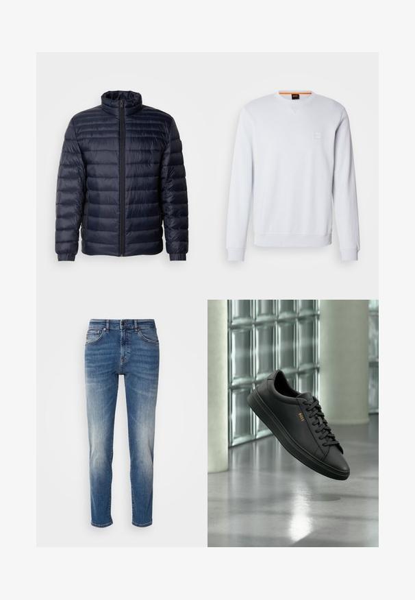 Marineblaue Steppjacke mit hohem Kragen, gestepptem Design, Frontreißverschluss und gerippten Bündchen. Glatte Textur mit leichtem Aussehen.; Weißes Sweatshirt mit langen Ärmeln, rundem Halsausschnitt und dezentem Logo-Patch. Glatte Textur sowie gerippte Bündchen und Saum für einen figurnahen Look.; Blaue Jeans aus Denim mit geradem Bein, leichter Ausbleichung, klassischer Fünf-Taschen-Stil und einem Reißverschluss mit Knopfverschluss.; Schwarzer flacher Ledersneaker mit schwarzen Schnürsenkeln und goldenem BOSS-Logo an der Seite, schwebend über einem glänzenden grauen Boden in einem modernen Innenraum.