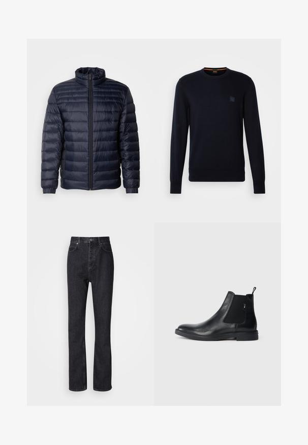 Marineblå pufferjakke med høj krave, quiltet design, lynlås fortil og ribbede cuffs. Glat tekstur med et let udseende.; Marineblå strikket trøje med lange ærmer, rund halsudskæring, ribbede manchetter og kant, med et lille firkantet logo-patch på brystet.; Høj talje sorte denim jeans med knap- og lynlåsåbning, for- og baglommer samt lige ben.; Sorte læder Chelsea støvler med elastiske sidepaneler, en pull-tab og en flad gummisål. Glat tekstur med minimal detaljer.