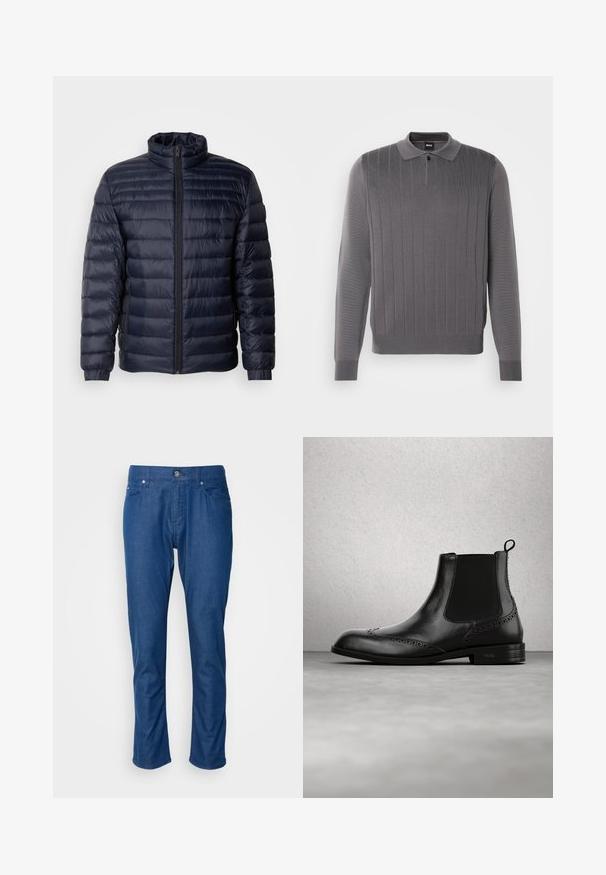 Marineblaue Steppjacke mit hohem Kragen, gestepptem Design, Frontreißverschluss und gerippten Bündchen. Glatte Textur mit leichtem Aussehen.; Grauer Langarm-Polo-Pullover mit gerippter Textur, ausgestattet mit einem Kragen und einer zwei-Knopf-Leiste, sowie einem taillierten Design für einen eleganten Look.; Blaue Jeanshose mit geradem Bein, Fronttaschen und einem einzelnen Knopfverschluss. Glatte Textur mit minimaler Detailgestaltung.; Schwarzer Chelsea-Stiefel aus Leder mit Brogue-Details, elastischen Seiteneinsätzen, Zuglasche und niedrigem Absatz, schwebend vor einem modernen Innenboden.