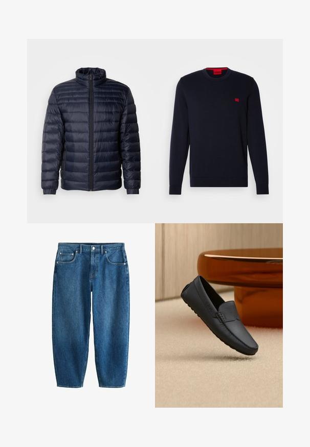 Marineblaue Steppjacke mit hohem Kragen, gestepptem Design, Frontreißverschluss und gerippten Bündchen. Glatte Textur mit leichtem Aussehen.; Navyblaues Strickpullover mit Rundhalsausschnitt, gerippten Bündchen und Saum sowie einem kleinen roten Logo auf der Brust. Glatte Textur, lässiges Design.; Blaue Jeans mit geradem Bein, vorderen Taschen, Gürtelschlaufen und Knopfverschluss, vor weißem Hintergrund dargestellt.; Schwarzer Lederloafer mit strukturierter Oberfläche, leicht über einem beigen Teppich schwebend, braune moderne abgerundete Möbel im weichgezeichneten Hintergrund.