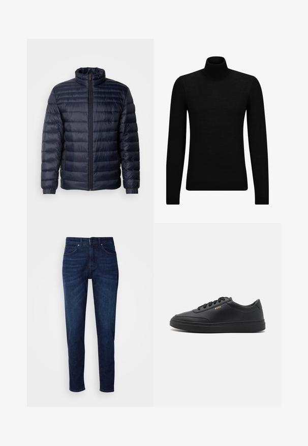 Tumed puffer jakk, millel on kõrge krae, tikandiga disain, eesne lukuga sulgemine ja soonikuga mansetid. Sile tekstuur ja kerge välimus.; Musthave muströid ja pehmest materjalist must turtleneck, millel on pikad varrukad ja tihe istuvus. Ribaga ääris allservas ja vöökohal. Lihtne disain.; Tumedat sinised denim teksad sirge säärega disainiga, millel on taskud ja nööpkinnitus taljes. Pehme tekstuur, minimaalne pleekimise detail.; Mustad nahkspordijalatsid siledast materjalist, ümarate varvastega, tasase kummist tallaga ja tooni sobivate paeltega. Küljes on kuldne "BOSS" bränding.