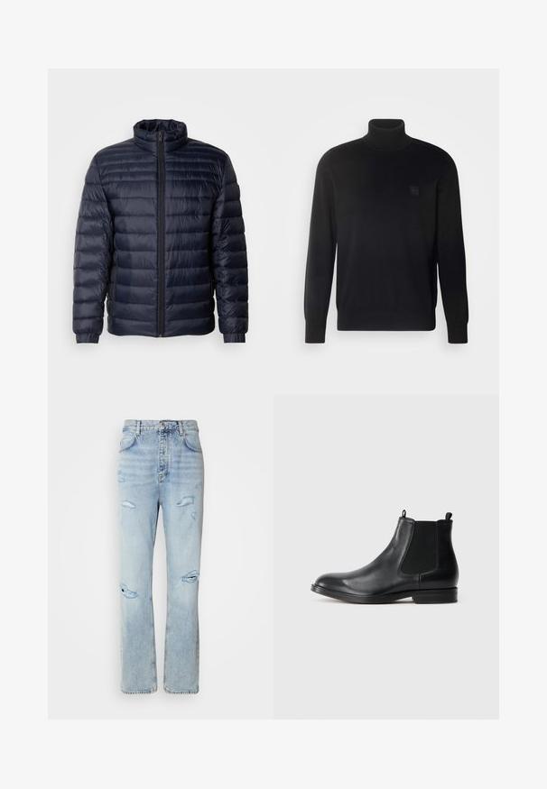 Tumed puffer jakk, millel on kõrge krae, tikandiga disain, eesne lukuga sulgemine ja soonikuga mansetid. Sile tekstuur ja kerge välimus.; Must have kaelussviiter, millel on pikad varrukad, ribaga kaelus ja mansetid, valmistatud siledast kangast. Ees on väike logotempel.; Heledad avatud pesu denimidest teksad, millel on vabalt langev lõige, sisaldades kulumisjälgi ja hõõrdunud ääri. Kanga tekstuur on pehme ja sile.; Mustan nahkaga Chelsea saabas elastsete külgpanelidega, ümmargune varvas, tõmbeaas ja madal plokk konts. Sile tekstuur ja minimalistlik disain.