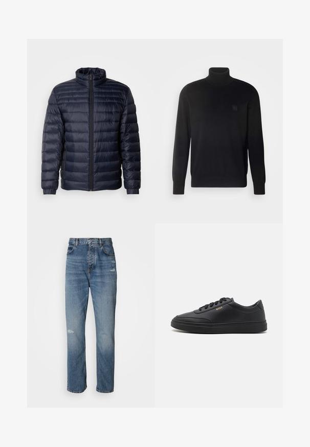 Tumed puffer jakk, millel on kõrge krae, tikandiga disain, eesne lukuga sulgemine ja soonikuga mansetid. Sile tekstuur ja kerge välimus.; Must have kaelussviiter, millel on pikad varrukad, ribaga kaelus ja mansetid, valmistatud siledast kangast. Ees on väike logotempel.; Heledad sinine teksapüksid sirge säärega, milles on nupuga ja tõmblukuga kinnitus, viis taskut ning kulumise detailid põlve lähedal.; Mustad nahkspordijalatsid siledast materjalist, ümarate varvastega, tasase kummist tallaga ja tooni sobivate paeltega. Küljes on kuldne "BOSS" bränding.