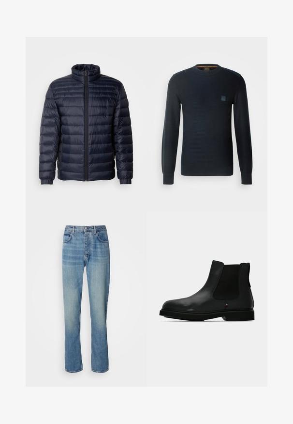 Marineblaue Steppjacke mit hohem Kragen, gestepptem Design, Frontreißverschluss und gerippten Bündchen. Glatte Textur mit leichtem Aussehen.; Gestreifter marineblauer Pullover mit langen Ärmeln, rundem Ausschnitt, strukturiertem Stoff und einem kleinen Logo-Patch auf der Brust.; Helle blaue, gerade geschnittene Denim-Jeans mit hoher Taille, vorderem Knopf, Reißverschluss und Fünf-Taschen-Design.; Schwarzer Chelsea-Stiefel aus Leder mit elastischen Seitenteilen, rundem Zehenbereich und strukturierter Oberseite. Verfügt über eine flache Gummisohle und dezente Markenakzente.