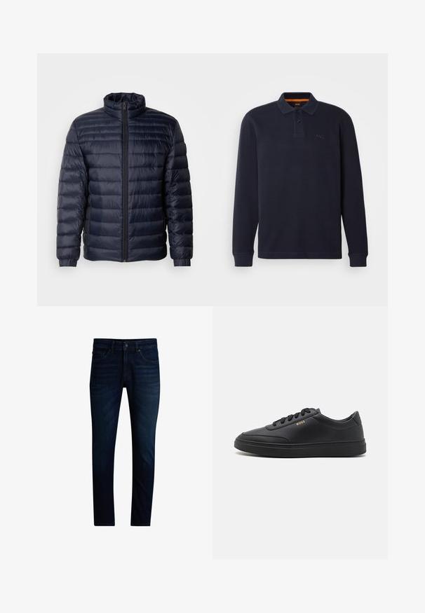 Marineblauwe pufferjack met een hoge kraag, een gewatteerd ontwerp, rits aan de voorkant en geribbelde manchetten. Soepele textuur met een lichte uitstraling.; Marineblauwe longsleeve polo-shirt van gestructureerde stof met een knoopsluiting bij de hals. Bevat een klein geborduurd logo op de borst.; Donkerblauwe slimfit jeans met een knoop- en ritsluiting aan de voorkant, vijfzakkenmodel en lichte vervaging op de dijen.; Zwarte leren sneakers met een gladde textuur, ronde neus, platte rubberen zool en tonale veters. Kenmerkt zich door de gouden "BOSS" branding aan de zijkant.