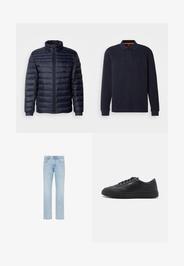 Marineblaue Steppjacke mit hohem Kragen, gestepptem Design, Frontreißverschluss und gerippten Bündchen. Glatte Textur mit leichtem Aussehen.; Marineblaue langärmelige Poloshirt aus strukturiertem Stoff mit einer Knopfleiste am Hals. Verfügt über ein kleines gesticktes Logo auf der Brust.; Hellblaue Straight-Leg-Jeans aus Denim mit vorderem Knopf, Reißverschluss und Fünf-Taschen-Design, gezeigt auf weißem Hintergrund.; Schwarze Leder-Sneaker mit glatter Textur, runder Zehenpartie, flacher Gummisohle und einfarbigen Schnürsenkeln. Mit goldfarbenem "BOSS" Logo an der Seite.