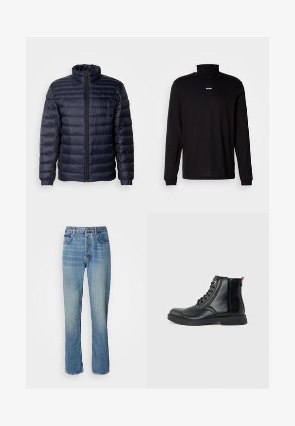Marineblauwe pufferjack met een hoge kraag, een gewatteerd ontwerp, rits aan de voorkant en geribbelde manchetten. Soepele textuur met een lichte uitstraling.; Zwarte turtleneckshirt met lange mouwen, gemaakt van soepel materiaal, met een witte "HUGO" logo op de borst, en met aansluitende manchetten en zoom.; Lichtblauwe rechte spijkerbroek met een hoge taille, een frontknop, ritssluiting en een vijf-pocket ontwerp.; Zwarte leren enkellaars met veters aan de voorkant, ronde neus, platte zool en trekkoord aan de achterkant op een effen lichtgrijze achtergrond.