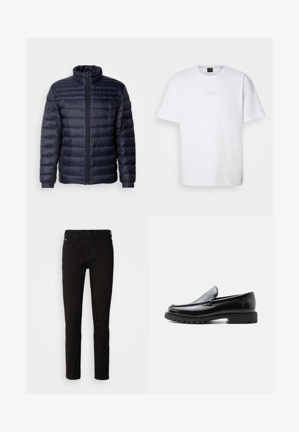 Marineblå pufferjakke med høj krave, quiltet design, lynlås fortil og ribbede cuffs. Glat tekstur med et let udseende.; Hvid bomulds T-shirt med korte ærmer, rund halsudskæring og præget "BOSS" logo på brystet. Glat tekstur, standard pasform.; Sorte denimjeans med lige ben, lynlås og fem lommer. Stoffet har en glat tekstur uden synlige mønstre.; Sort læderloafer med chunky gummisål, syet overdel og præget mærkenavn på hælen, vist i sideprofil på hvid baggrund.