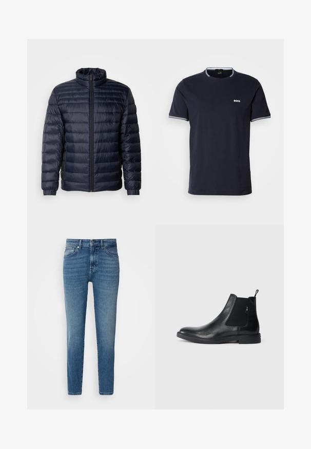 Marineblaue Steppjacke mit hohem Kragen, gestepptem Design, Frontreißverschluss und gerippten Bündchen. Glatte Textur mit leichtem Aussehen.; Navyblaues Baumwoll-T-Shirt mit Rundhalsausschnitt, das weiße gestreifte Akzente am Kragen und an den Ärmeln sowie ein kleines weißes Logo auf der Brust aufweist.; Helle blaue Denim-Jeans mit geradem Schnitt, traditionellem Fünf-Taschen-Design, Metallknopfverschluss und dezentem Verblassen an der Vorderseite.; Schwarze Leder Chelsea-Boots mit elastischen seitlichen Einsätzen, einer Zugschlaufe und einer flachen Gummisohle. Glatte Textur mit minimaler Ausgestaltung.