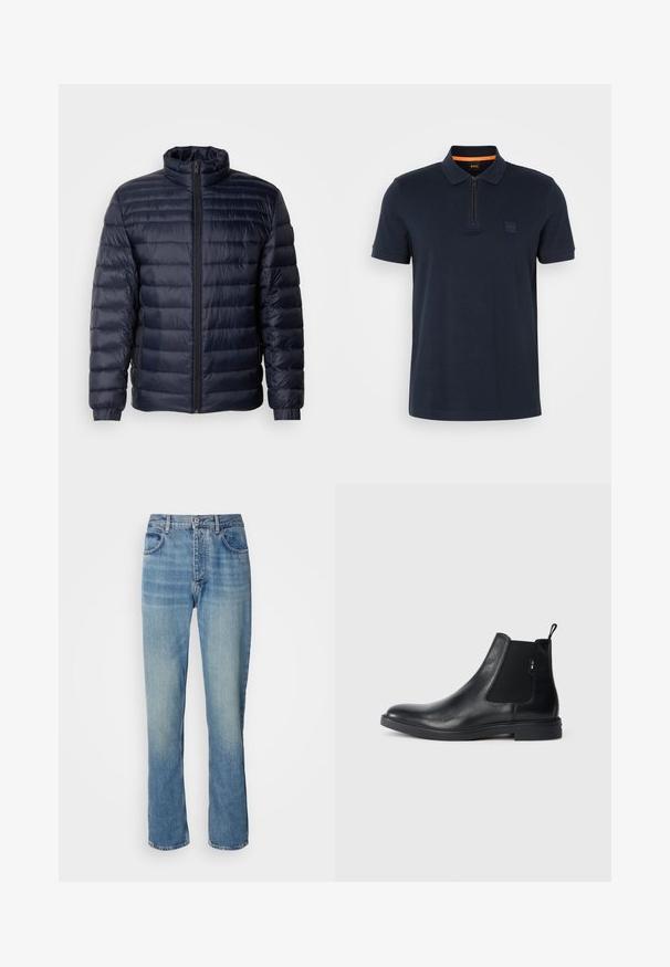 Marineblå pufferjakke med høj krave, quiltet design, lynlås fortil og ribbede cuffs. Glat tekstur med et let udseende.; Marineblå polo shirt med lynlås-colar, indeholdende et lille logo-patch på brystet og korte ærmer. Materialet er en bomuldsblanding med en glat tekstur.; Lyseblå straight-leg denim jeans med høj talje, frontknap, lynlås lukning og fem-lomme design.; Sorte læder Chelsea støvler med elastiske sidepaneler, en pull-tab og en flad gummisål. Glat tekstur med minimal detaljer.