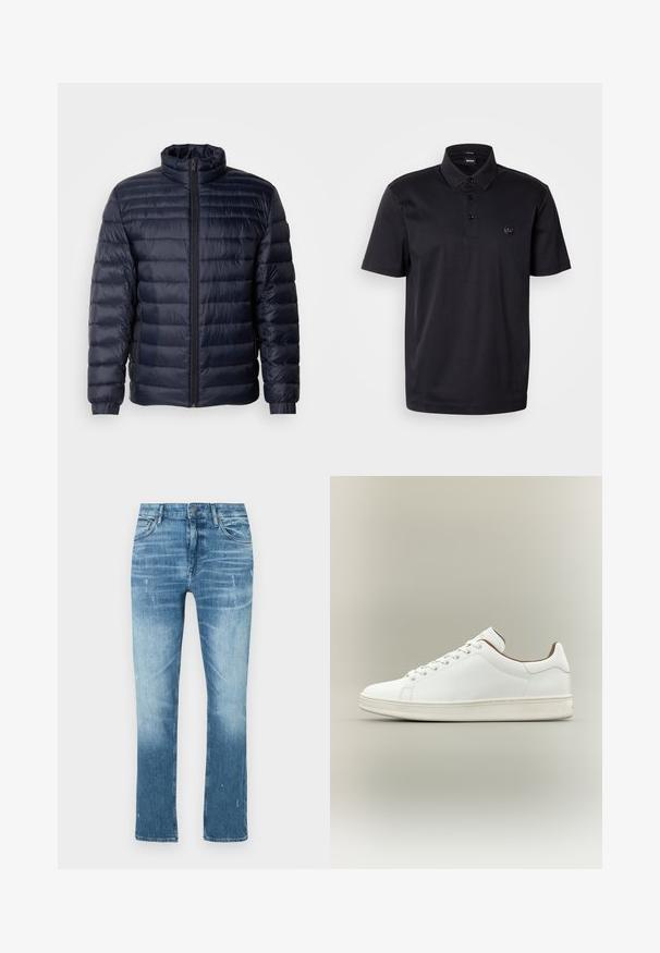 Marineblaue Steppjacke mit hohem Kragen, gestepptem Design, Frontreißverschluss und gerippten Bündchen. Glatte Textur mit leichtem Aussehen.; Schwarzes Poloshirt aus glattem Stoff mit klassischem Kragen, Dreiknopf-Leiste und kleinem Logo auf der Brust. Kurze Ärmel.; Himmelblaue Straight-Leg-Jeans aus Denim mit einem ausgewaschenen Finish, subtilen Used-Effekten und traditionellem Fünf-Taschen-Design.; Weißer Sneaker mit niedrigem Schaft, Schnürverschluss, glattem Lederoberteil und hellbeiger Sohle vor neutralem Hintergrund.