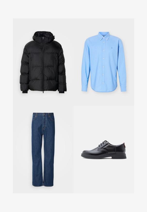 Schwarze Pufferjacke mit Kapuze, ausgestattet mit einem Reißverschluss, zwei Fronttaschen und gerippten Bündchen, aus einem glatten, wasserabweisenden Material.; Hellblaues langärmeliges Hemd mit Knopfleiste, Button-Down-Kragen und kleinem gesticktem Logo auf der linken Brust.; Blaue Jeans aus Denim mit geradem Bein, ausgestattet mit einem Knopfverschluss, fünf Taschen und kontrastierenden Nähten entlang der Säume.; Schwarze Leder-Schnürschuhe mit glatter Textur, rundem Zehenbereich und dezenten Ziernähten. Mit einem roten Laschenband an der Ferse.