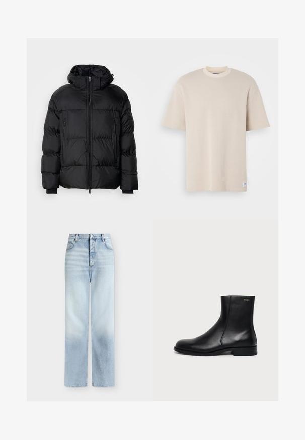 Schwarze Pufferjacke mit Kapuze, ausgestattet mit einem Reißverschluss, zwei Fronttaschen und gerippten Bündchen, aus einem glatten, wasserabweisenden Material.; Beige geripptes T-Shirt mit rundem Halsausschnitt und kurzen Ärmeln, versehen mit einem sichtbaren Markenlabel in der unteren linken Ecke.; Hellblaue, hoch taillierte Jeans mit geradem Bein, Fronttaschen, Gürtelschlaufen und einem Knopfverschluss.; Schwarzer Leder-Knöchelstiefel mit niedrigem Absatz, seitlicher Naht und kleinem "HUGO" Logo am oberen Schaft vor einfarbigem Hintergrund.