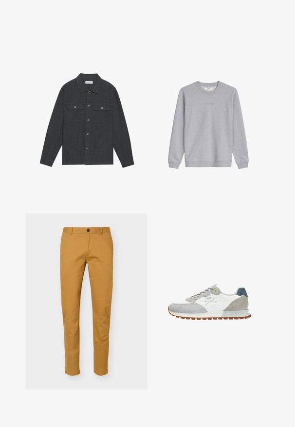 Chemise boutonnée gris foncé avec col, deux poches poitrine et manches longues. Fabriquée à partir d'un tissu texturé avec des boutons en métal.; Sweat-shirt gris clair à manches longues et col rond, avec poignets et ourlet côtelés, arborant un petit texte centré « Marc O'Polo Denim » sur la poitrine.; Chino slim fit pour homme jaune moutarde avec passants pour ceinture, bouton à l’avant et fermeture éclair, présenté sur un fond uni.; Baskets basses avec des accents en daim gris, côtés en tissu blanc, logo tête de mort et os croisées, semelle en caoutchouc couleur gomme, et détail œillet vert clair.