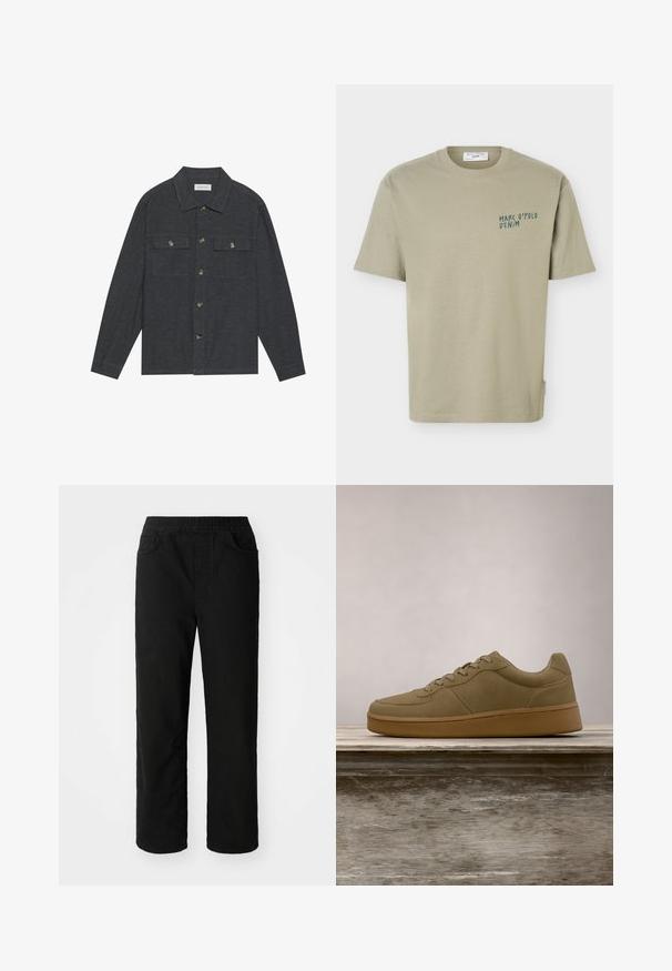 Chemise boutonnée gris foncé avec col, deux poches poitrine et manches longues. Fabriquée à partir d'un tissu texturé avec des boutons en métal.; T-shirt beige à manches courtes col rond avec un petit texte "Marc O'Polo Denim" imprimé sur la poitrine gauche.; Pantalons en coton noir avec une coupe décontractée, taille élastique, deux poches avant et jambes droites. Texture lisse sans motifs visibles.; Baskets vert olive à lacets flottant au-dessus d'un banc en bois, avec un feuillage vert flou en arrière-plan.
