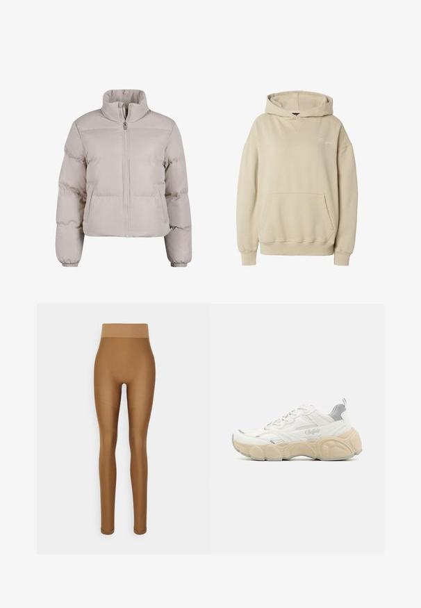 Doudoune beige clair avec un col haut, fermeture éclair sur toute la longueur et poignets élastiques. Présente des sections cousues pour l'isolation.; Sweat à capuche beige à enfiler avec poche kangourou à l'avant, poignets et ourlet côtelés, et texte brodé subtil sur la poitrine gauche.; Even&Odd active by Zalando Leggings - brown; Basket blanche avec tige en mesh et en cuir lisse, dotée d'un col rembourré, d'une semelle en caoutchouc texturée et de subtils accents métalliques.