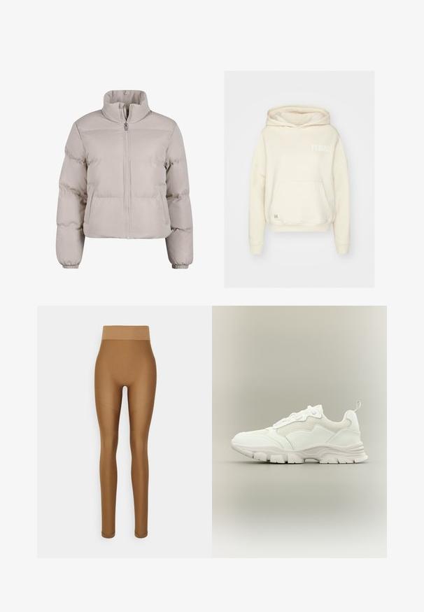 Doudoune beige clair avec un col haut, fermeture éclair sur toute la longueur et poignets élastiques. Présente des sections cousues pour l'isolation.; Hoodie couleur crème en tissu doux, avec une poche frontale, une capuche à cordons et le texte "PEQUS" en blanc sur la poitrine.; Even&Odd active by Zalando Leggings - brown; Baskets blanches de sport avec tige en mesh et cuir, semelle épaisse et languette au talon, présentées de profil sur fond neutre.