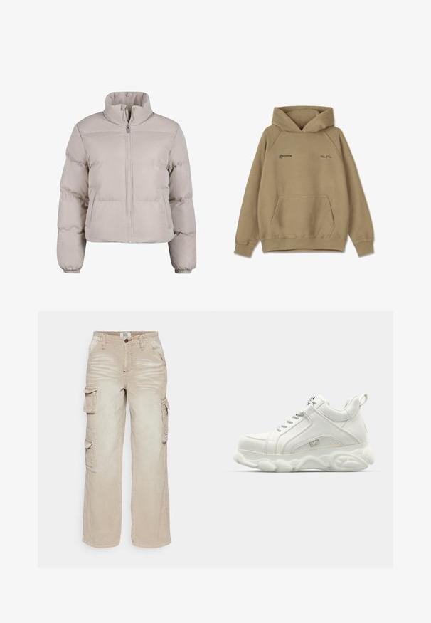 Doudoune beige clair avec un col haut, fermeture éclair sur toute la longueur et poignets élastiques. Présente des sections cousues pour l'isolation.; Sweat-shirt à capuche beige en matière polaire, avec une poche frontale, des poignets côtelés et des logos brodés sur la poitrine.; BDG Urban Outfitters PANTS - Pantalon cargo - stone; Baskets blanches de sport avec une tige en cuir lisse, une semelle arrondie et un accent texturé. Comprend des lacets et une languette à l'arrière.