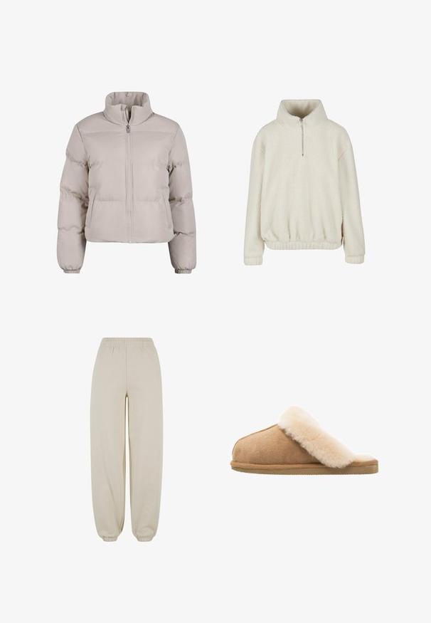 Doudoune beige clair avec un col haut, fermeture éclair sur toute la longueur et poignets élastiques. Présente des sections cousues pour l'isolation.; Pull-over en polaire sherpa couleur crème, manches longues, col montant, fermeture éclair à mi-hauteur à l'avant, poignets et ourlet élastiques pour un ajustement près du corps.; Pantalon décontracté beige avec taille et poignets élastiques, présentant une coupe ample et une texture de tissu lisse.; Chausson en suède beige à enfiler avec une doublure en laine de mouton crème douce et moelleuse. Doté d'une semelle en caoutchouc texturé et plate pour une meilleure adhérence.