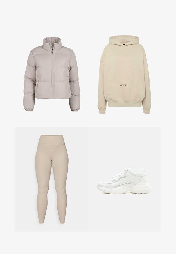 Lichtbeige pufferjack met een hoge kraag, volledige rits aan de voorkant en elastische manchetten. Heeft gestikte secties voor isolatie.; Beige hoodie met een voorzak, geribbelde boorden en een capuchon met trekkoord. "PECADOR PGDR" tekst gedrukt op het zakgebied.; Beige hoge taille legging met een geribbelde textuur, voorzien van een soepele tailleband en aansluitende benen, ontworpen voor comfort en flexibiliteit.; Witte chunky sneaker met dikke zool, veters aan de voorkant en een glad bovenwerk van synthetisch materiaal met subtiele stikdetails.