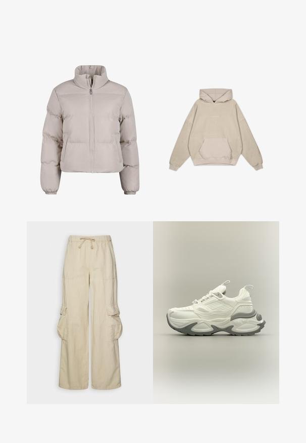 Lichtbeige pufferjack met een hoge kraag, volledige rits aan de voorkant en elastische manchetten. Heeft gestikte secties voor isolatie.; Beige hoodie met een ontspannen pasvorm, buidelzak, omgeslagen mouwen en een gladde textuur. Heeft subtiele logodetails aan de voorkant.; Beige wijde cargobroek met een trekkoord in de taille, twee voorzakken en klepzakken aan beide zijden van de benen.; Witte en grijze chunky sneaker met een gestructureerde zool, treklussen op de tong en hiel, en een gedetailleerd paneelontwerp op het bovenwerk.