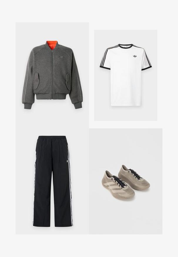 Pelēka teksturēta džemperjaka ar rāvējslēdzēju, ribotām aprocēm un apakšmalu, kabatām ar atloku, smalku Adidas logotipu un oranžu apkakles oderi.; Balts kokvilnas t-kreklis ar melnu ribotu kaklu un piedurknēm, kuram uz katra pleca ir trīs melnas svītras un neliels logo krūtīs.; Melnas platajās bikses ar baltām sānu svītrām, elastīgu vidukļa joslu, priekšējām krokiem un Adidas logotipu uz labās augšstilba puses.; Bežā krāsā sporta apavu pāris ar melnām auklām, ar teksturētu svītrainu rakstu un trim sānu svītrām uz vienkrāsaina fona.
