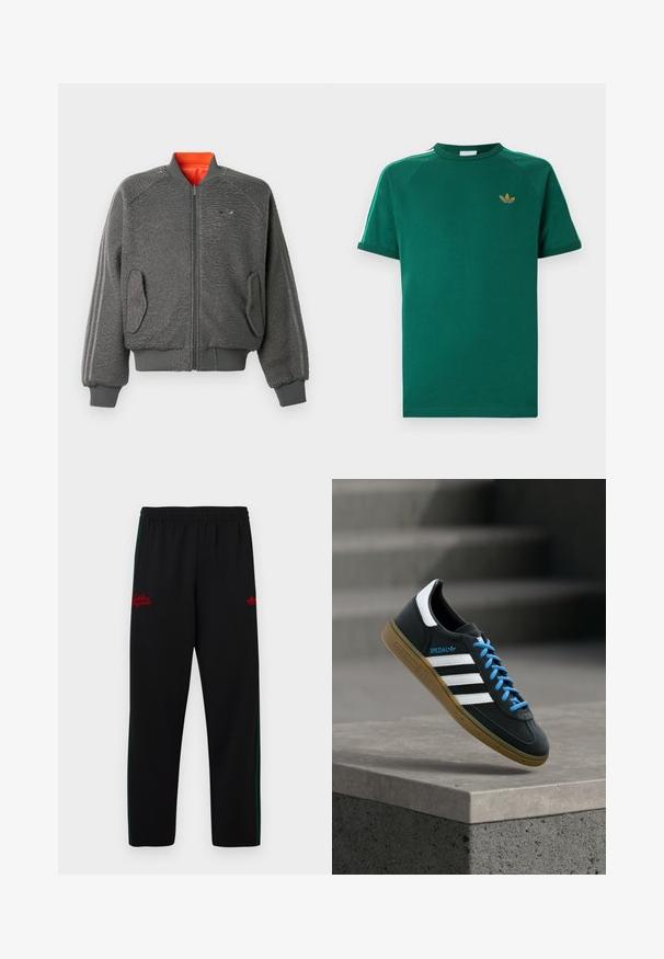 Pelēka teksturēta džemperjaka ar rāvējslēdzēju, ribotām aprocēm un apakšmalu, kabatām ar atloku, smalku Adidas logotipu un oranžu apkakles oderi.; Zaļa īsroku Adidas T-krekls ar apaļu kakla izgriezumu, zelta trefle logo uz krūtīm un baltas svītras ar zaļām malām uz pleciem.; Melnas sporta bikses ar elastīgu jostu, zaļām sānu svītrām un sarkanu izšūtu logotipu abās pusēs. Gluds, viegls materiāls.; Melni Adidas sporta apavi ar baltām svītrām, zilām auklām un gumijas zolīti, kas peld virs pelēka betona pakāpiena maigā gaismā.