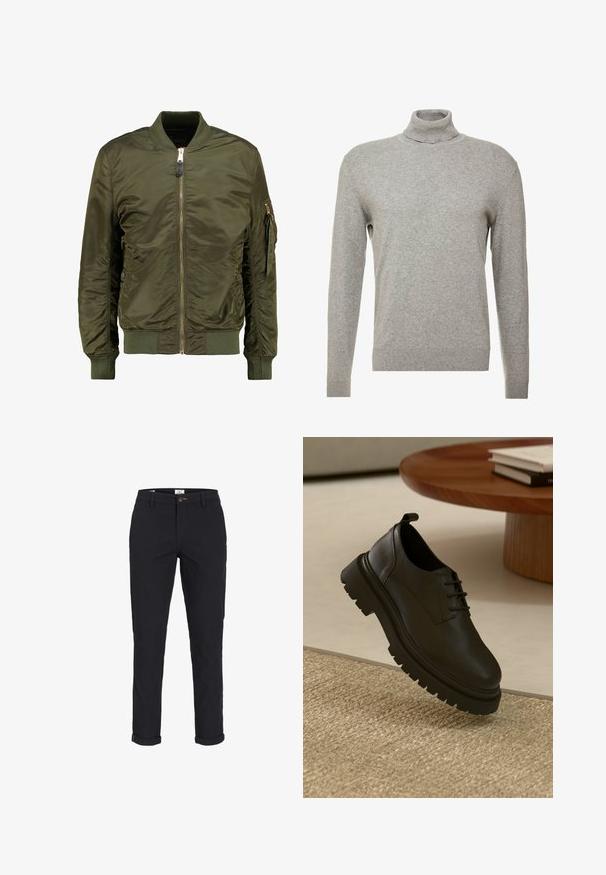 Olivenfarvet bomberjakke, polyester materiale, lynlåslukning foran, ribbede manchetter og kant, sidelommer og en lomme med lynlås på ærmet.; Grå pullovertrøje med høj hals og lange ærmer. Fremstillet af et glat, blødt materiale med et tætsiddende design og ribbede detaljer ved kanten.; Sorte bomuldsbukser med en lige design, der har en knaplukning, oprullede ærmer og en glat tekstur. Ingen synlige mønstre eller accenter.; Sort lædersko med en tekstureret overflade, rund tå, snørelukning og en kraftig sort gummisål. Svævende over et vævet tæppe.