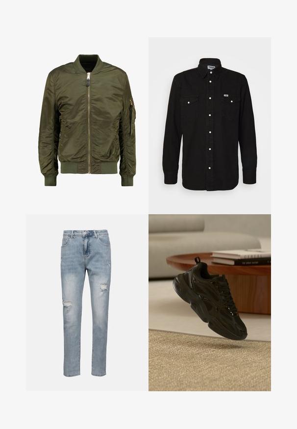 Chaqueta bomber verde oliva, material de poliéster, cierre frontal con cremallera, puños y bajo acanalados, bolsillos laterales y un bolsillo con cremallera en la manga.; Camisa negra de botones con cuello puntiagudo, dos bolsillos en el pecho, botones a presión blancos y tela texturizada. Logo de Wrangler en el lado izquierdo del pecho.; Vaqueros de mezclilla desgastados de color azul claro, con detalles de rodillas rasgadas, un diseño clásico de cinco bolsillos y cierre de botón.; Zapatilla negra robusta con detalles de malla y brillantes flotando sobre una alfombra beige, mesa de centro redonda de madera con libros al fondo.