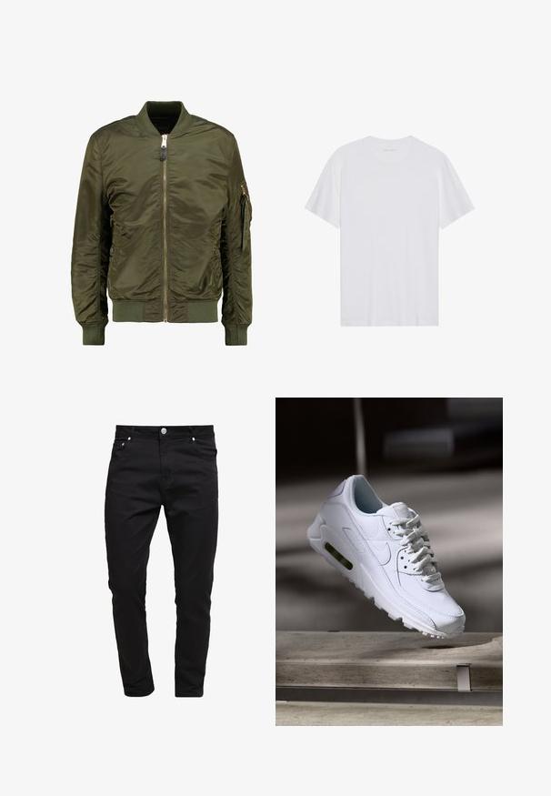 Olivgrüne Bomberjacke aus Polyester, mit Reißverschluss vorne, gerippten Bündchen und Saum, seitlichen Taschen und einer Tasche mit Reißverschluss am Ärmel.; Weißes Baumwoll-T-Shirt mit kurzen Ärmeln, Rundhalsausschnitt und glatter Textur. Verfügt über eine minimale Markenkennzeichnung am Halsausschnitt.; Schwarze Jeans aus Denim-Stoff, schlanke Passform, Fünf-Taschen-Stil, Metallknopfverschluss, mit Steppnähten und einer glatten Textur.; Weiße Lederturnschuhe mit strukturierten Oberflächen, gepolstertem Kragen und sichtbarer Luftpolsterung in der Sohle. Verfügt über Schnürsenkel und ein minimalistisches Design.