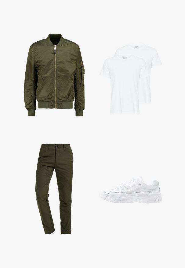 Olivenfarvet bomberjakke, polyester materiale, lynlåslukning foran, ribbede manchetter og kant, sidelommer og en lomme med lynlås på ærmet.; To ensfarvede hvide T-shirts med korte ærmer og rund hals, der overlapper hinanden på en hvid baggrund.; Olivengrønne chinos lavet af holdbar bomuldsblanding, med slim fit, flad front, standardlommer og en sikker knaplukning.; Nike Sportswear P 6000 - Sneakers - white/platinum tint