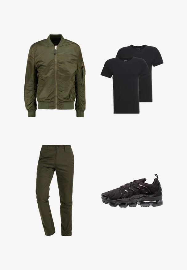 Olivgrüne Bomberjacke aus Polyester, mit Reißverschluss vorne, gerippten Bündchen und Saum, seitlichen Taschen und einer Tasche mit Reißverschluss am Ärmel.; Zwei schwarze Baumwoll-T-Shirts mit kurzen Ärmeln und rundem Ausschnitt. Der Stoff wirkt glatt, ohne Muster oder sichtbare Marken.; Olivgrüne Chinos aus strapazierfähigem Baumwoll-Mix, mit einer schmalen Passform, flachem Bund, standartmäßigen Taschen und einem sicheren Knopfverschluss.; Schwarze Sportschuhe mit einem strukturierten Obermaterial aus Stoff, glänzenden Akzenten und einer ausgeprägten Luftpolstersohle. Verfügt über auffällige wellenartige Designelemente.