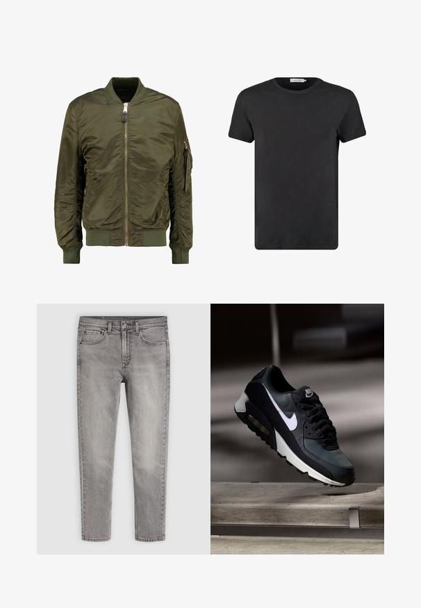 Chaqueta bomber verde oliva, material de poliéster, cierre frontal con cremallera, puños y bajo acanalados, bolsillos laterales y un bolsillo con cremallera en la manga.; Camiseta de algodón negra con cuello redondo y mangas cortas. La tela tiene una textura suave y no presenta patrones ni adornos. Corte regular.; Vaqueros de mezclilla grises de corte recto con bolsillos delanteros y traseros, trabillas para cinturón y cierre de botón sobre un fondo liso.; Zapatilla Nike Air Max negra y gris con el logo blanco, suspendida sobre una superficie de cemento contra un fondo oscuro y desenfocado.