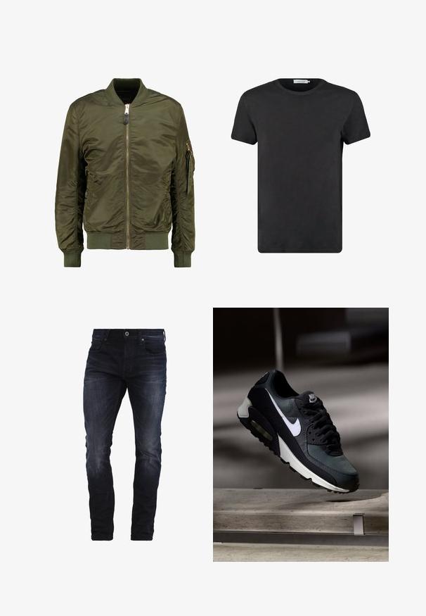 Olivenfarvet bomberjakke, polyester materiale, lynlåslukning foran, ribbede manchetter og kant, sidelommer og en lomme med lynlås på ærmet.; Sort bomulds T-shirt med rund halsudskæring og korte ærmer. Stoffet har en glat tekstur og ingen mønstre eller detaljer. Normal pasform.; Mørkeblå slim-fit jeans med let slid på lårene og knæene, med forlommer, bæltestropper og knaplukning.; Sort og grå Nike Air Max sneaker med hvid swoosh, ophængt over en betongulv mod en sløret mørk baggrund.