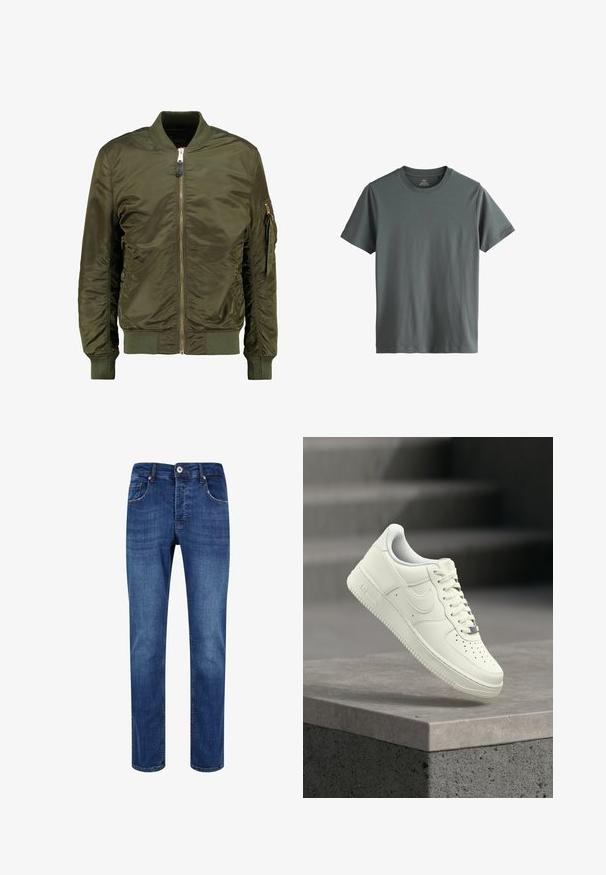 Olivovo zelená bomber bunda, polyesterový materiál, predný zips, rebrové manžety a lem, bočné vrecká a vrecko so zipsom na rukáve.; Tmavosivé tričko s krátkym rukávom a svalovým strihom, s hladkou látkou, zobrazené na bielom pozadí.; Tmavomodré džínsy s rovnou siluetou, obsahujúce päť vreciek, jemné vyblednutie a klasické zapínanie na gombík a zips.; Biely kožený teniska s nízkym profilom, textúrovaným povrchom, perforáciami na špičke a striebornými akcentmi na šnúrkach a značke.