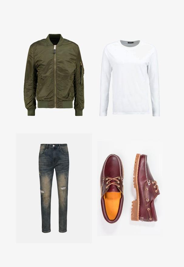 Chaqueta bomber verde oliva, material de poliéster, cierre frontal con cremallera, puños y bajo acanalados, bolsillos laterales y un bolsillo con cremallera en la manga.; Camiseta blanca de manga larga hecha de algodón, con cuello redondo y una textura suave. Sin patrones ni acentos. Diseño sencillo.; Los jeans de denim presentan un color azul desgastado, corte ajustado, detalles desgastados con desgarrones visibles, diseño de cinco bolsillos y cierre de botón.; Zapatos de cuero burdeos con suelas de goma marrón, puntera redonda, costuras blancas y ojales dorados. El interior cuenta con un forro amarillo.