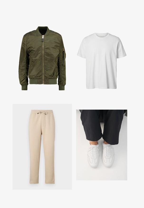 Olivovo zelená bomber bunda, polyesterový materiál, predný zips, rebrové manžety a lem, bočné vrecká a vrecko so zipsom na rukáve.; Jednoduché biele tričko s krátkym rukávom a okrúhlym výstrihom, voľného strihu, bez viditeľných log alebo vzorov na prednej strane.; Béžové tepláky s elastickým pásom, nastaviteľným sťahovacím šnúrkou, dvoma bočnými vreckami a zúženým strihom nohavíc. Mäkká textúra, ležérny štýl.; Biele kožené tenisky s hladkým povrchom, okrúhlou špičkou a klasickým šnurovaním, umiestnené nad tmavými, voľnejšími nohavicami.