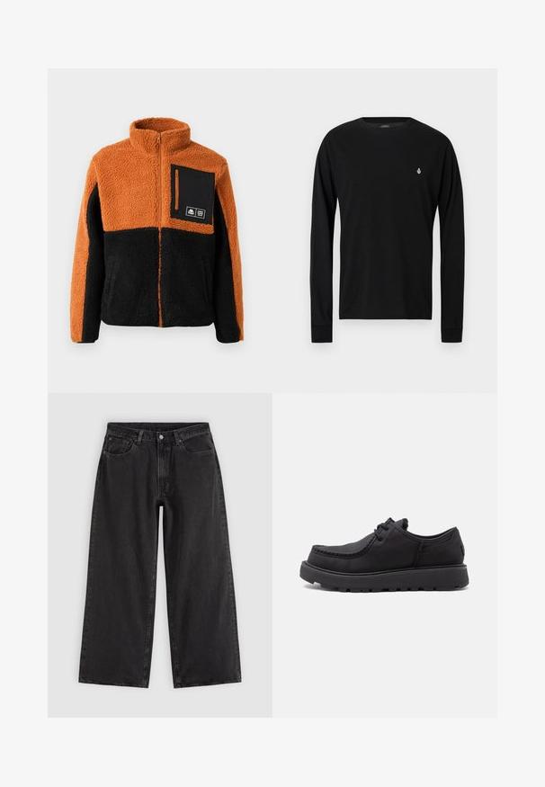 Veste en polaire avec un bloc de couleurs orange et noir, fermeture éclair intégrale, col montant, et une poche poitrine noire avec fermeture éclair et détail de logo.; T-shirt noir à manches longues en coton. Doté d'un col rond et de poignets ajustés. Comprend un petit logo blanc sur le côté gauche de la poitrine.; Jean en denim noir à jambes larges avec poches avant, passants pour ceinture et fermeture par boutons, présenté sur un fond clair uni.; Chaussure en cuir noir à lacets avec semelle épaisse en caoutchouc et détail cousu sur l'avant, montrée de côté sur fond blanc.
