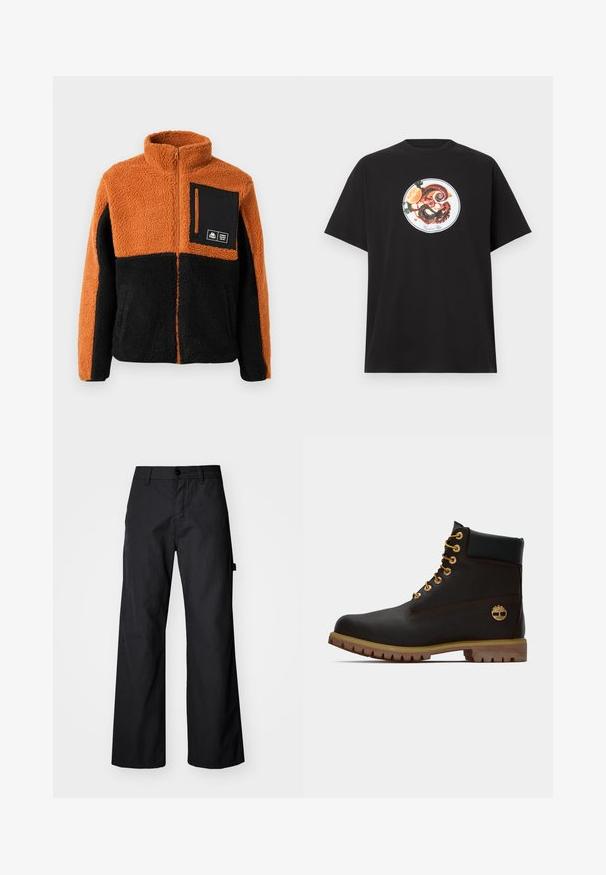 Veste en polaire avec un bloc de couleurs orange et noir, fermeture éclair intégrale, col montant, et une poche poitrine noire avec fermeture éclair et détail de logo.; T-shirt en coton noir avec un motif circulaire représentant une pieuvre et des agrumes, agrémenté d'accents verts. Manches courtes et coupe décontractée.; Pantalons larges noirs en tissu durable. Fermeture à bouton et poches latérales. Texture lisse avec un design épuré.; Bottine noire en cuir avec œillets dorés, accents marron et semelle en caoutchouc. Comprend un col rembourré et un logo estampé sur le côté.