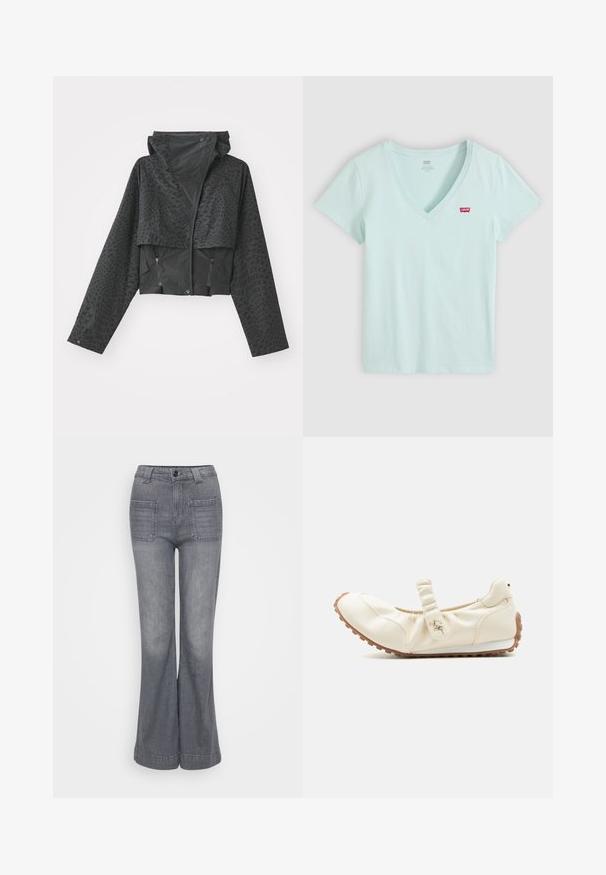 Chaqueta negra corta con capucha, con un patrón geométrico texturizado, mangas largas y bolsillos laterales con cremallera. Fabricada con un material ligero.; Camiseta de manga corta azul claro con cuello en V y pequeño logo rojo de Levi's en el pecho izquierdo, colocada plana sobre un fondo blanco.; Vaqueros acampanados grises de mezclilla con una cinturilla estructurada, cierre de botón en la parte frontal y dos bolsillos traseros tipo parche. Textura suave y lavado claro.; Zapato plano casual de mujer color crema con una correa elástica y suela marrón texturizada, mostrado de perfil sobre fondo liso.