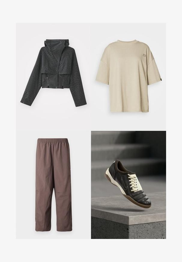 Zwarte cropped jas met een capuchon, voorzien van een gestructureerd geometrisch patroon, lange mouwen en ritszakken aan de zijkant. Gemaakt van lichtgewicht materiaal.; Beige oversized t-shirt van zacht katoen, met een minimalistisch ontwerp, ronde halslijn en een klein logo-patch op de borst.; Bruine, lichtgewicht broek met een elastische tailleband, cropped lengte en manchetten met knopen. Gladde textuur met minimale ontwerpdetails.; Donkerbruine leren sneaker met crèmekleurige veters, een gewatteerde kraag en een getextureerde neus. Voorzien van een rubberen zool en een zijwaarts geplaatst swoosh-logo.