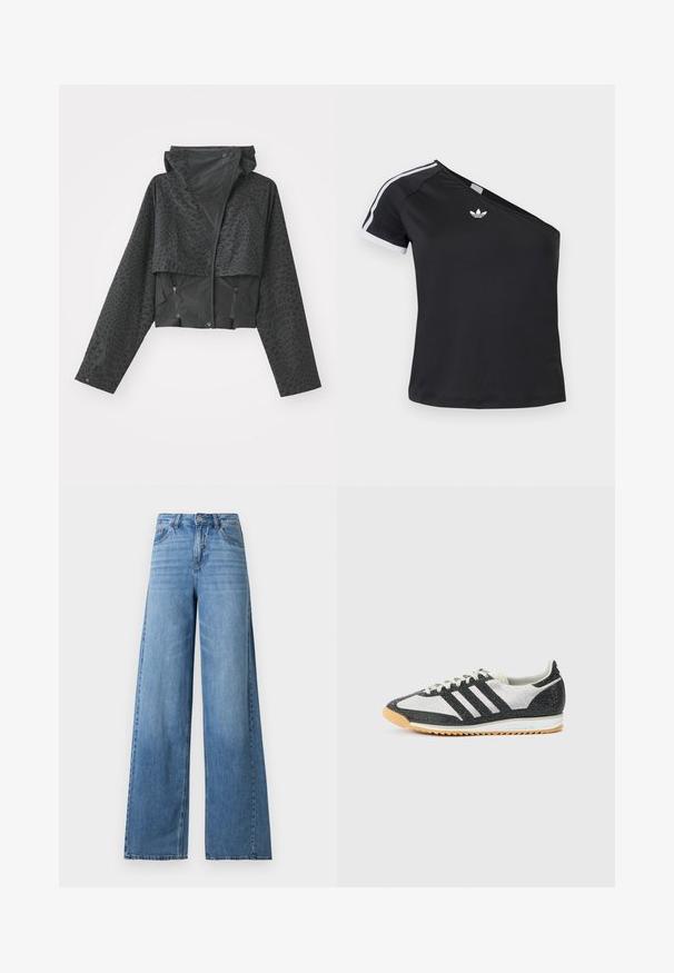 Chaqueta negra corta con capucha, con un patrón geométrico texturizado, mangas largas y bolsillos laterales con cremallera. Fabricada con un material ligero.; Camiseta negra de un solo hombro de Adidas con ribete blanco en la manga corta y logo centrado cerca del escote.; Vaqueros de pierna ancha y cintura alta en azul claro, con botones y cremallera en la parte delantera, bolsillos delanteros y traseros, y un sutil desgaste en los muslos.; Zapatilla deportiva en blanco y negro con parte superior de malla, tres franjas negras, tejido texturizado y suela de goma color caramelo.