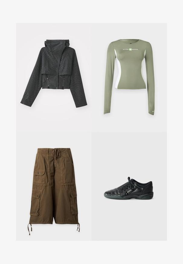 Zwarte cropped jas met een capuchon, voorzien van een gestructureerd geometrisch patroon, lange mouwen en ritszakken aan de zijkant. Gemaakt van lichtgewicht materiaal.; Olivengroen Nike Shox shirt met lange mouwen, witte zijpanelen en neon groene accenten, nauwsluitende pasvorm, en een klein Swoosh-logo op de mouwboord.; Bruine cargoshorts tot op de knie met een trekkoord in de taille, twee grote klepzakken met knopen en zijstrikjes aan de zoom.; Zwarte leren sportschoen met een gequilt ontwerp, ronde neus, vetersluiting aan de voorkant en rubberen zool. Heeft subtiele branding aan de zijkant.