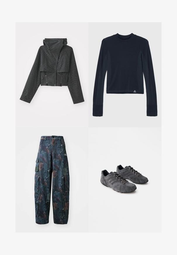 Chaqueta negra corta con capucha, con un patrón geométrico texturizado, mangas largas y bolsillos laterales con cremallera. Fabricada con un material ligero.; Camiseta de manga larga azul marino con textura de canalé, con acentos de puntos a lo largo de las mangas y un cuello alto. Logo de la marca en la parte inferior izquierda.; Pantalones cargo de camuflaje en verde oscuro y marrón, con múltiples bolsillos y un ajuste holgado, hechos de una tela ligera y resistente.; Zapatillas deportivas de ante negro con una superficie texturizada, un diseño curvado y suelas de goma. Presentan cordones y franjas horizontales en los lados.