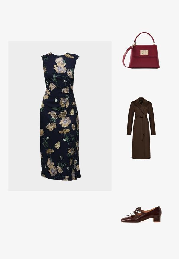 Bruine wollen trenchcoat van een wolmix met een reverskraag, dubbel-knopensluiting en een zelf te strikken riem. Lange mouwen en recht gesneden.; Mouwloze, aangesloten midi-jurk in donkerblauw met een geel-groene bloemenprint, zijsplitdetail en ronde hals.; Bruine gepatenteerde leren schoen met een ronde neus, lage blokhak en decoratieve veters op de wreef. Bevat uitsparingen aan de zijkanten.; Bourgondische leren handtas met gebogen bovenhandvat, afneembare band en rechthoekige gouden gesp op de voorklep.