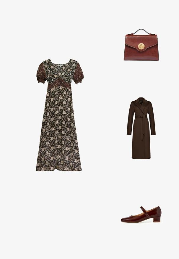 Trench-coat en mélange de laine marron avec un col à revers, des boutons double-breasted et une ceinture à nouer. Manches longues et coupe droite.; Robe longue marron à fleurs avec manches courtes bouffantes à pois blancs, décolleté en V et panneau cintré à la taille.; Chaussure Mary Jane en cuir verni bourgogne profond, avec un bout arrondi, un petit talon carré et une sangle ajustable sur le cou-de-pied.; Sac à main en cuir marron avec poignée supérieure et fermoir à tournevis rond doré sur le rabat avant, sur fond blanc.
